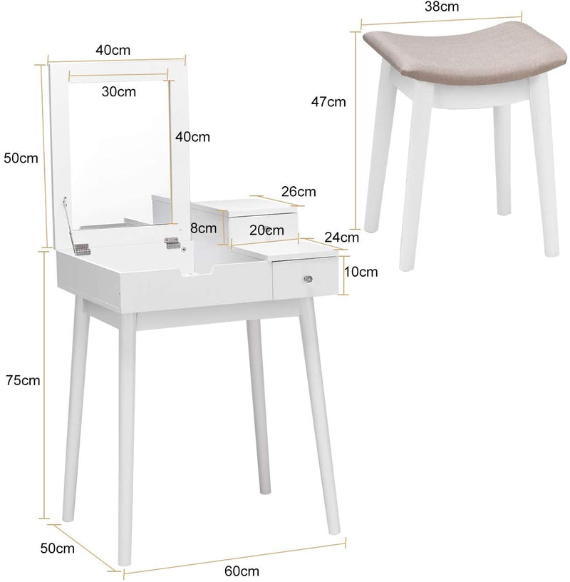 Kaptafel Set, Kaptafel met Draaibare Bovenkant Spiegel, Verborgen compartiment en twee laden, woonkamer slaapkamer opslag organisator, Make-up tafel met zachte gewatteerde kruk