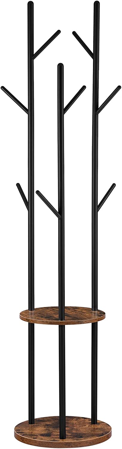 Kapstok, vrijstaand kledingrek, garderobe in boomvorm met 8 haken, 2 ronde planken, voor kleding, hoed, tas, woonkamer, slaapkamer, kantoor, donkerbruin-zwart