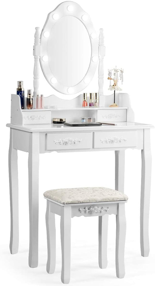 Kaptafel met ovale spiegel en 10 dimbare LED-lampen, klassieke make up tafel met 4 opberg lades in verschillende maten, stabiel schoonheidsstation in grenen houten poot en antislip pootdop (Wit)