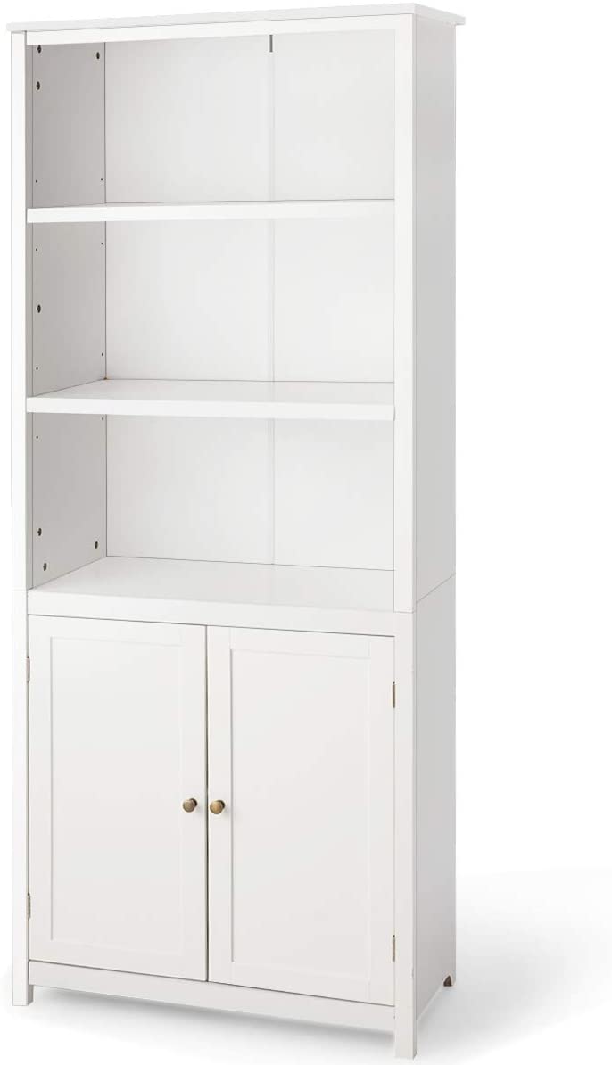 3-Planken boekenkast, staande boekenplank met dubbele deuren, opbergkast met 3 lagen , 74,5 x 35,5 x 181,5 cm (Wit)