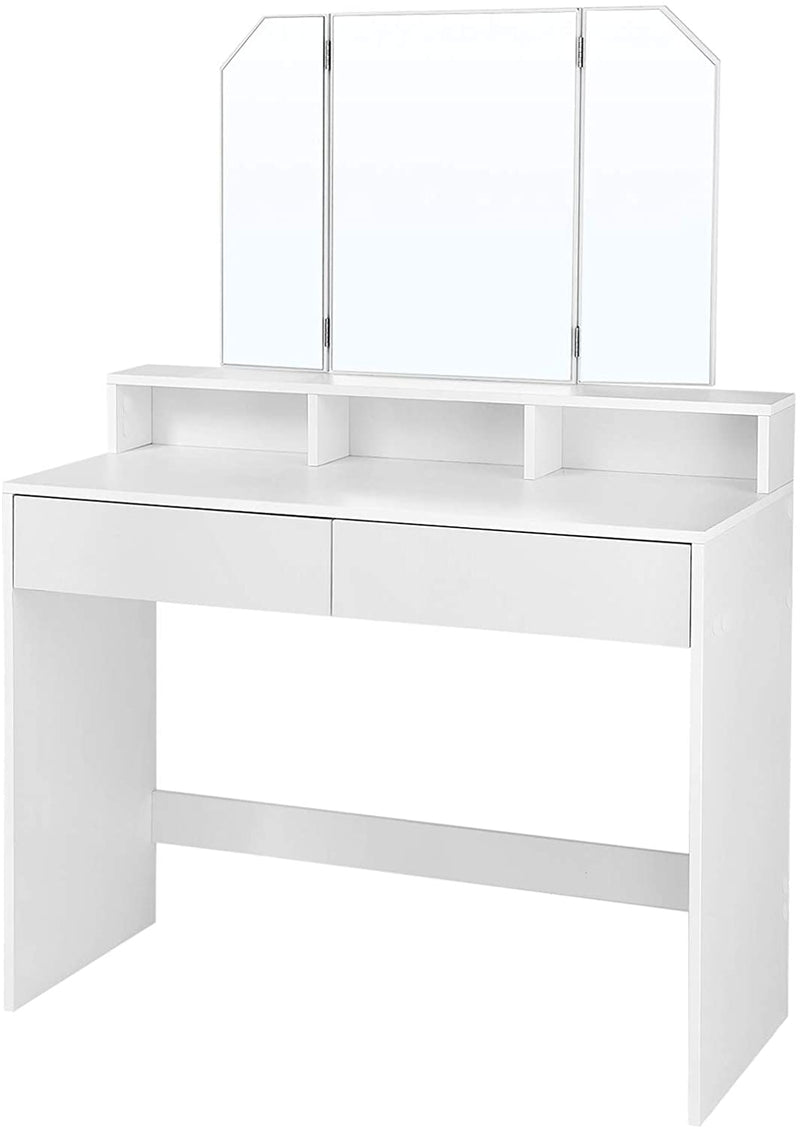 Kaptafel, kaptafel met opklapbare spiegel en 2 laden, cosmetische tafel met 3 open compartimenten, kaptafel, voor make-up, modern, wit RDT115W01