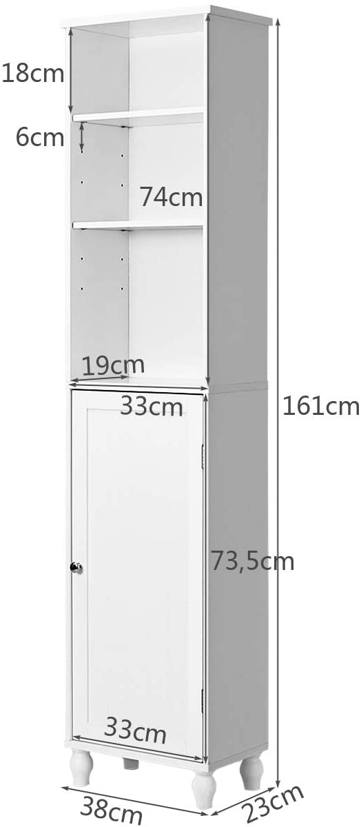 Vrijstaande hoge kast, staande opbergkast, badkamerkast vloerkast, ruimtebesparende opbergkast met verstelbare planken, 38 x 23 x 161cm