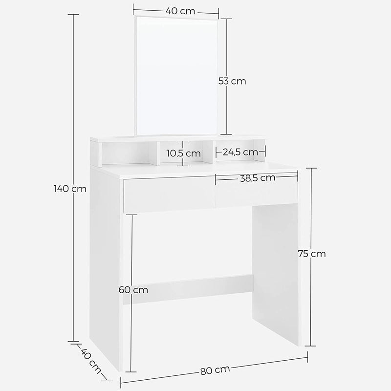 Kaptafel met rechthoekige spiegel en 2 lades, make up tafel met 3 open vakken, kaptafel, 80 x 40 x 140 cm, wit RDT113W01