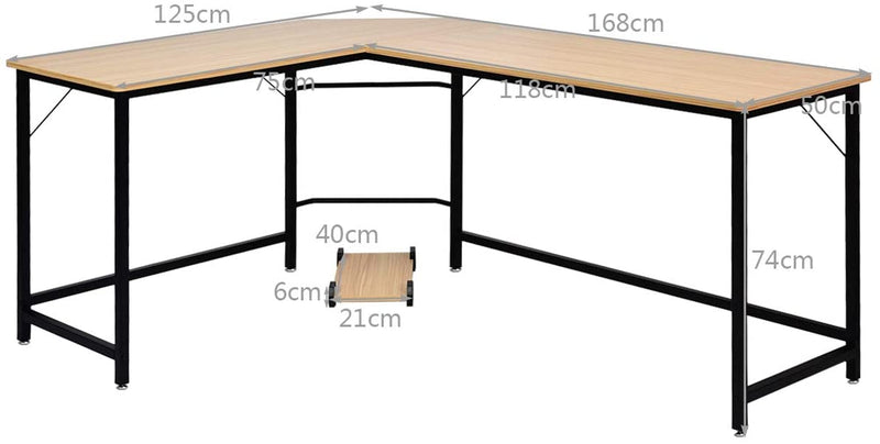 L-vormige Hoekbureau computertafel met CPU-standaard, 125 x 168cm (Natuurlijk)