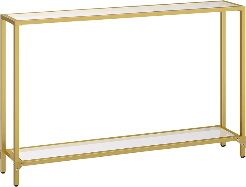 Consoletafel met planken, 120 cm bijzettafel, hardglas, ingangstafel, moderne banktafel, tentoonstellingstafel, metalen frame, voor woonkamer, hal, goudkleurig EGD05XG01