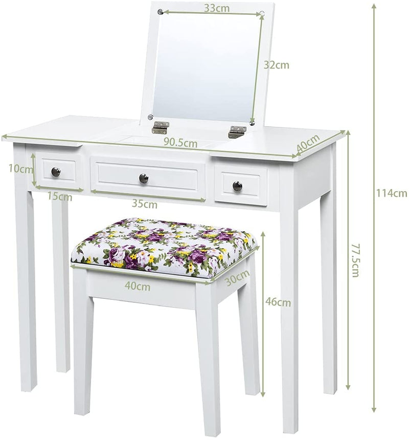 Kaptafel set met opklapbare bovenkant spiegel, 3 laden en een groot tafelblad, kaptafel set met gewatteerde kruk, ideaal voor slaapkamer, woonkamer, kleedkamer, badkamer, eenvoudige montage