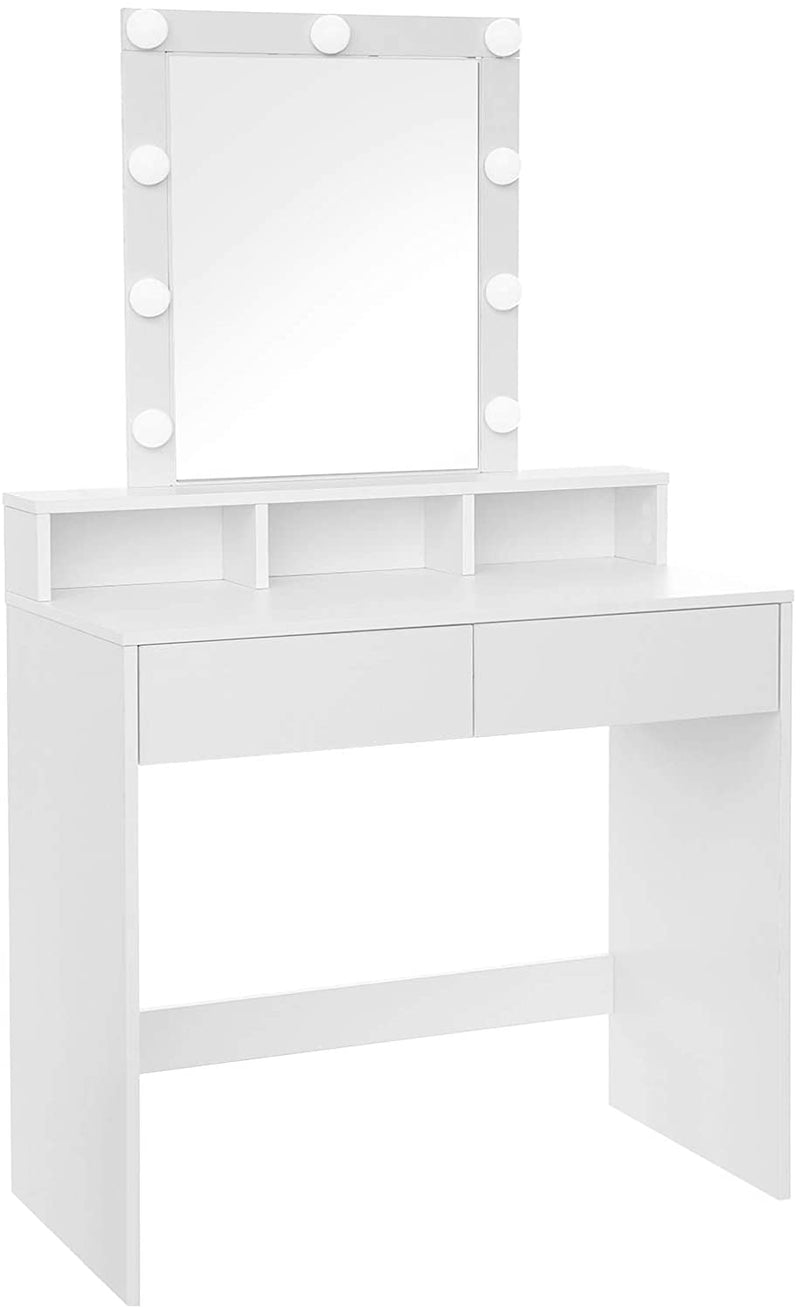 kaptafel make up tafel met spiegel en gloeilampen, cosmetische tafel met 2 lades en 3 open vakken, 80 x 40 x 145 cm wit RDT114W01