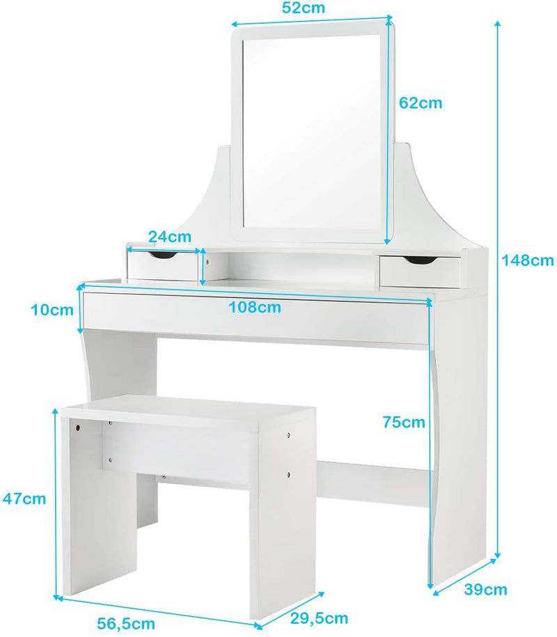 Kaptafel, make-up tafel met spiegel en kruk, houten kaptafel, kaptafel met 3 laden
