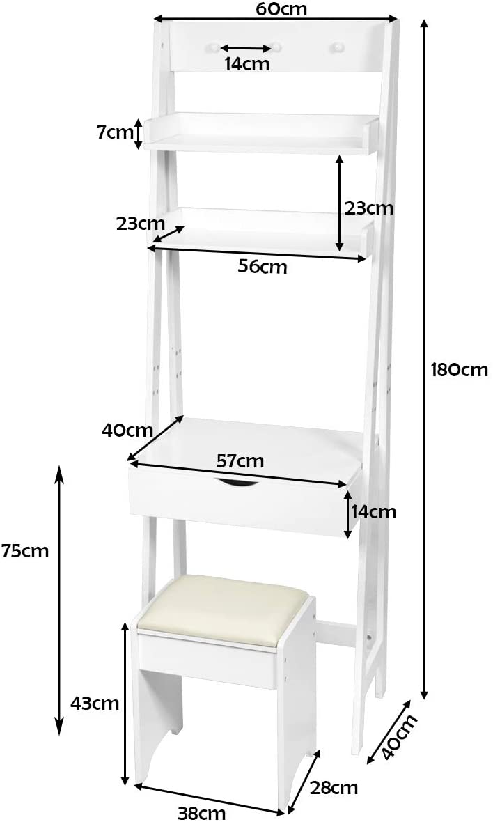 Kaptafel set met openen bovenkant spiegel, make-up tafel set met 3 haken & 2 opbergplank, 6 verwijderbare organizers, make-up tafel en kruk set met gedempte kruk, eenvoudige montage
