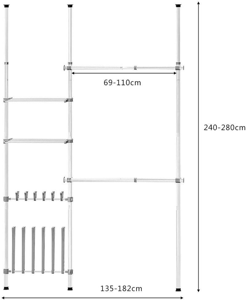 Verstelbare kledingrek, vloer-naar-plafond klerenrailsysteem met opslag plank & schoen haken, telescopische garderobesysteem opbergsysteem voor woonkamer, slaapkamer