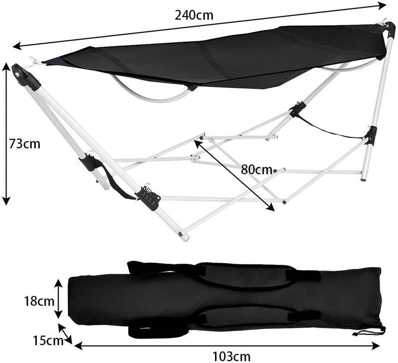 Draagbare opvouwbare hangmat, buiten afneembare opvouwbare hangmat met vrijstaande frame inclusief draagtas voor eenvoudig reizen, perfect voor achtertuin zwembad strand wandelen kamperen (Zwart)