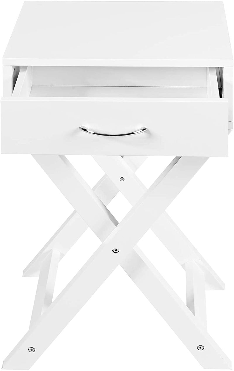 X-vormig houten bijzettafel met 1 opberglade en metalen handvat,  nachtkastje