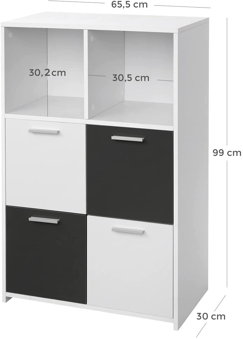 Boekenplank met 6 vakken, staande plank, boekenkast met 4 deuren, opbergkast, modern, wit-grijs LBC28WG