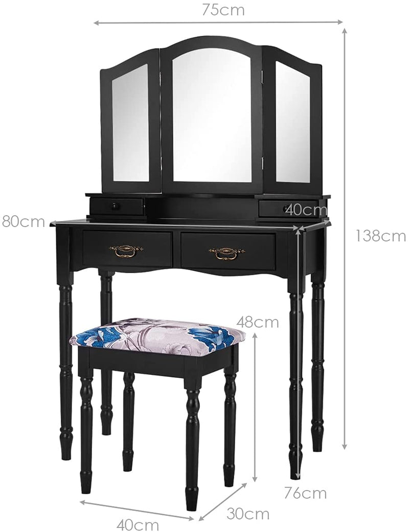 Kaptafel set, dressing table met opvouwbare spiegel, drie-vouwen spiegel make-up tafel set met beklede kruk, grote vanity set met afneembare spiegel (Zwart)