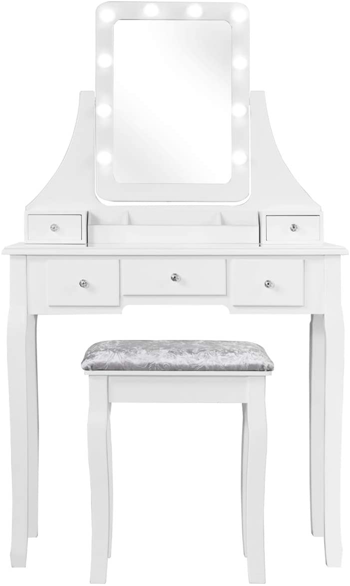 Kaptafel set met rechthoekige spiegel en gedempte kruk, make-up tafel met 10 LED-dimbare gloeilampen, (Wit)