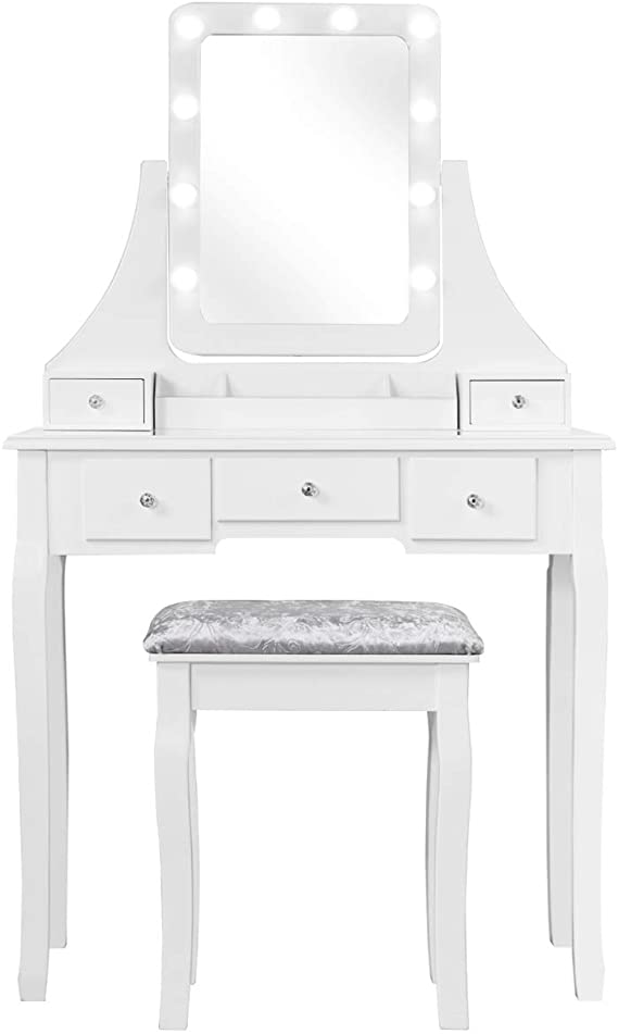 Kaptafel set met rechthoekige spiegel en gedempte kruk, make-up tafel met 10 LED-dimbare gloeilampen, met 5 laden(Zwart)