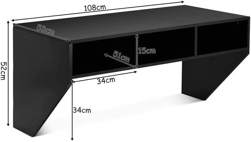 Muur gemonteerd zwevend computerbureau, hout PC werken studietafel computertafel bureau met 3 opbergplanken voor slaapkamer, woonkamer, 108 x 53 x 52cm (Zwart)