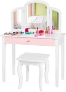 Kinderen kaptafel, meisjes kaptafel set met drievoudig spiegel & grote lade, 2 in 1 afneembaar ontwerp, stijlvolle prinses make-up tafel en kruk (Wit)