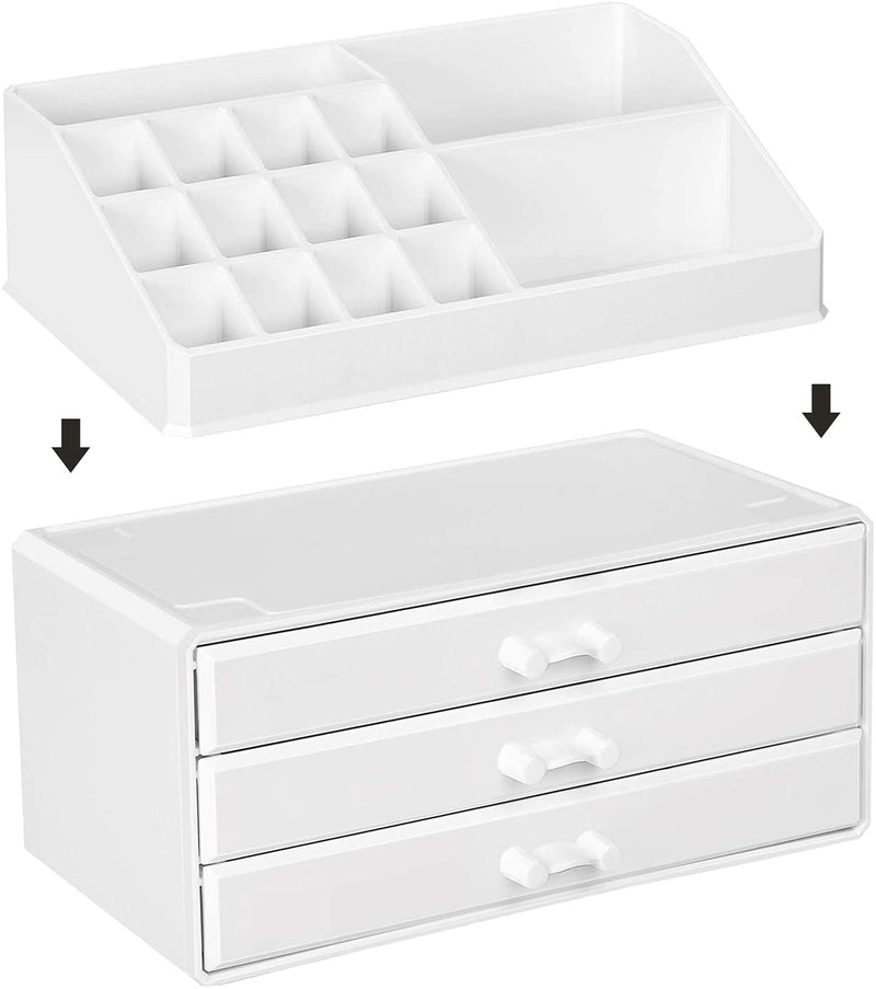 Make-up Organizer van acryl, cosmetica organizer met 3 lades en 15 vakken in verschillende maten, anti-slip inzetstukken, voor make-up en sieraden, wit JKA002WT