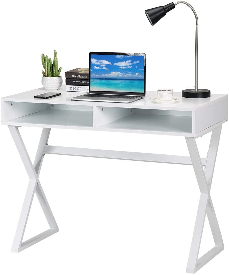Moderne Schrijfbureau, Multifunctionele Tafel met 2 Laden, MDF Bureaublad en ijzeren tafelpoten, Computer Bureau