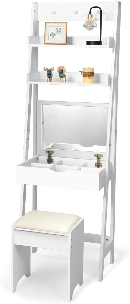 Kaptafel set met openen bovenkant spiegel, make-up tafel set met 3 haken & 2 opbergplank, 6 verwijderbare organizers, make-up tafel en kruk set met gedempte kruk, eenvoudige montage