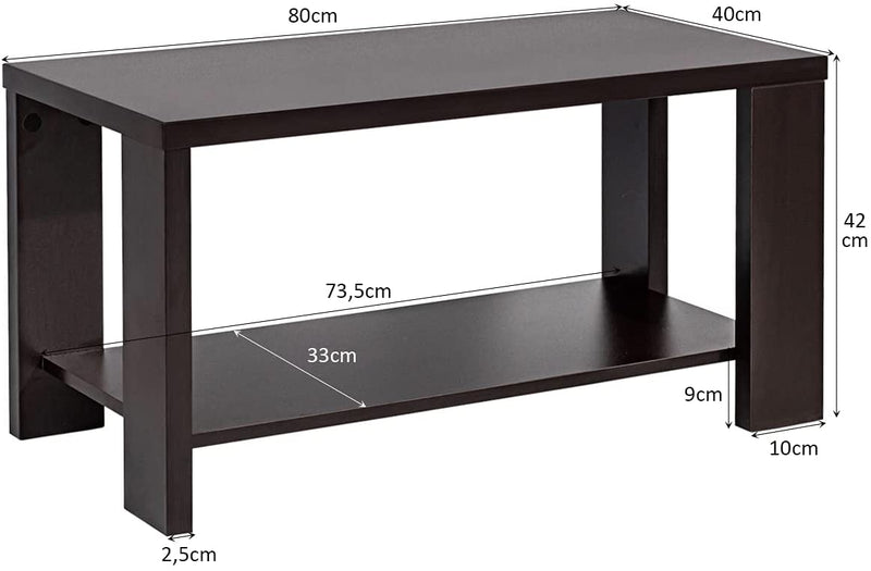 Houten salontafel, 2-laags rechthoekige cocktailtafel met open opbergplank, 80 x 40 x 42 cm (Koffie)