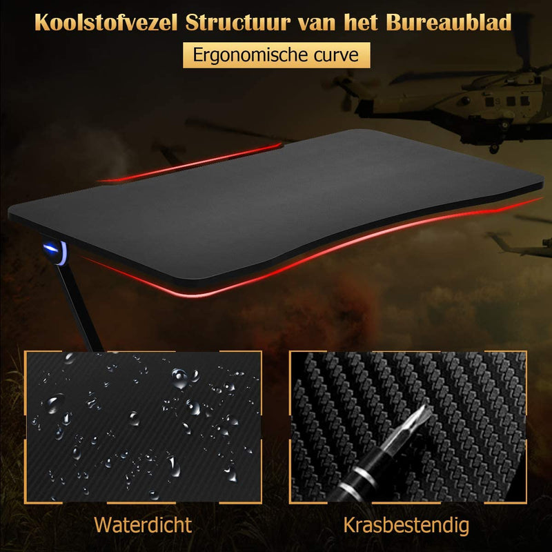 Game bureau, gaming tafel, Z-vormig professioneel gamer werkstation met LED-verlichting & groot koolstofvezel oppervlak, ergonomische PC-gametafel, computerbureau voor thuiskantoor, 110 x 60 x 78cm