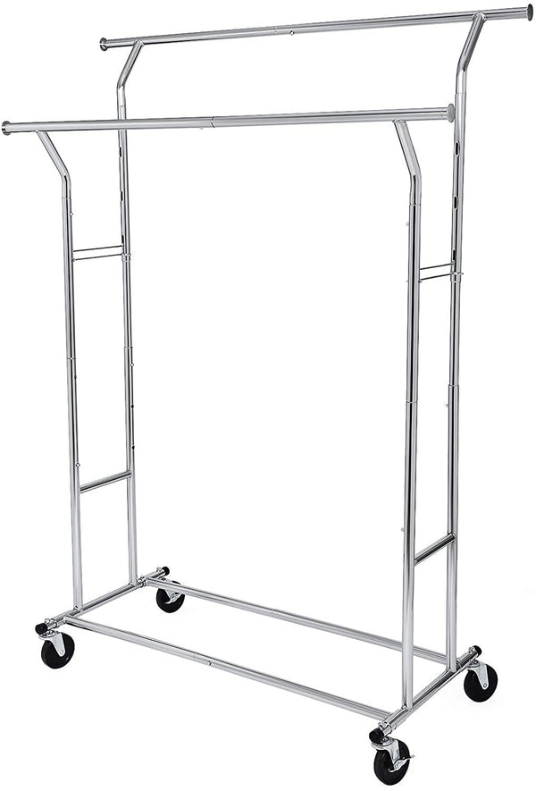 zwaar belastbare metalen kledingrek op wielen, tot 110 kg belastbaar, lengte: 129-169 cm, chroom HSR12S