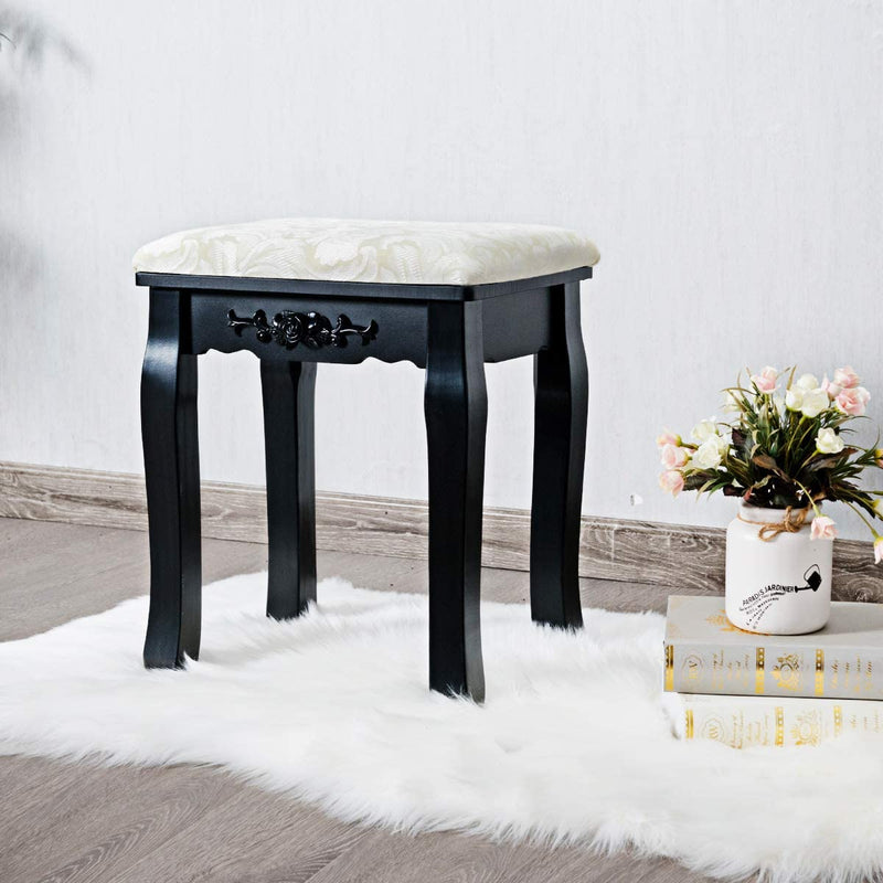 Houten kruk voor make-up, kaptafel stoel, make-up kruk met zacht gevoerde zitting, mooie patronen en delicaat houtsnijwerk, massief houten poten, 100 kg gewichtscapaciteit (Zwart)