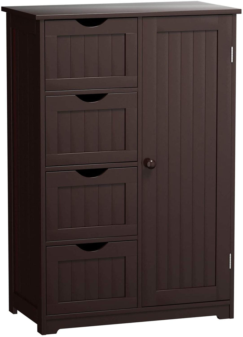 Badkamerkast vloerkast, vrijstaande badkamerkast, houten bijzetkast opbergkast met 4 laden en 1 verstelbare plank, multifunctionele, ruimtebesparende, voor ingang woonkamer slaapkamer keuken (Bruin)