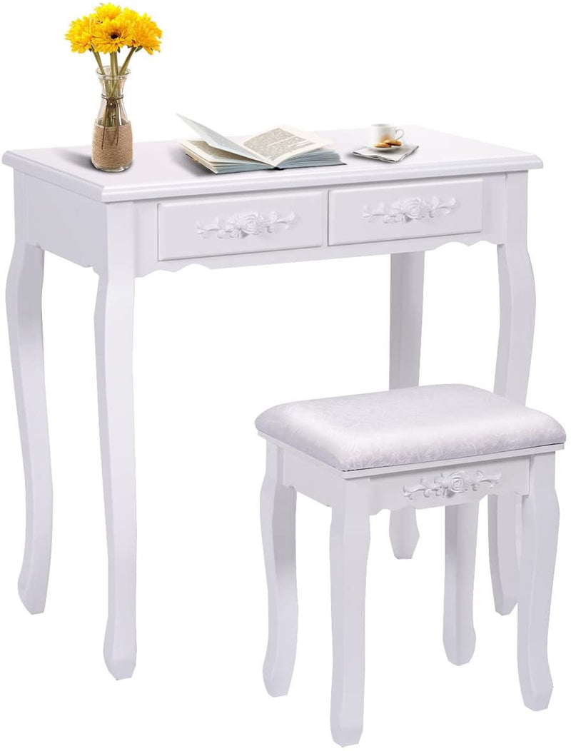 Kaptafel set met spiegel voor make-up Moderne kussens Bank Kruk Slaapkamer Hout Stijl Meubels Top Afneembare multifunctionele schrijftafel Kaptafels voor meisjes (wit, 4 laden)