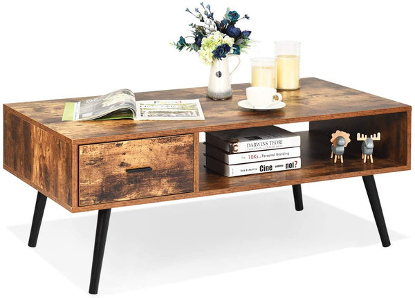 Koffietafel, salontafel, cocktailtafel, middeleeuwse moderne accenttafel met 1 lade en opbergrek voor de woonkamer, receptie, eenvoudige montage, 109 x 55 x 44,5 cm