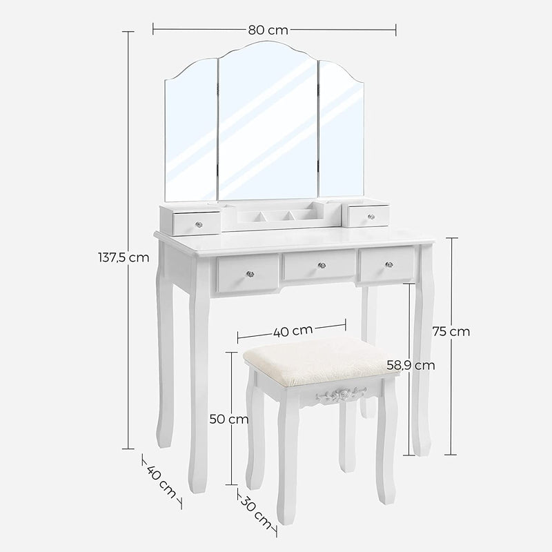 kaptafel met opklapbare spiegel en 5 laden, cosmetische tafel met uitneembare make-up organizer, met krukje, wit RDT28WT