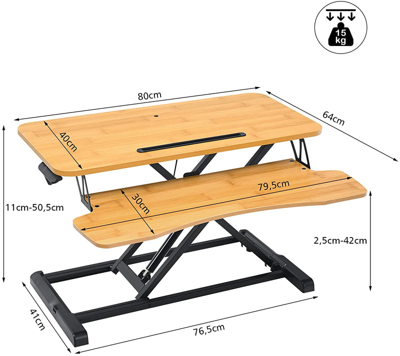 Zit-sta werkstation, zit-sta bureauconverter, in hoogte verstelbare staande bureau verhoger met grote tafelblad 80 x 40cm,ergonomisch bureau, (Natuurlijk)