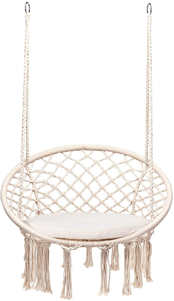 Hangstoel, macrame schommelstoel met zacht kussen, franjes kwastjes, katoenen touw hangstoel voor binnen en buiten, belastbaar tot 136 kg