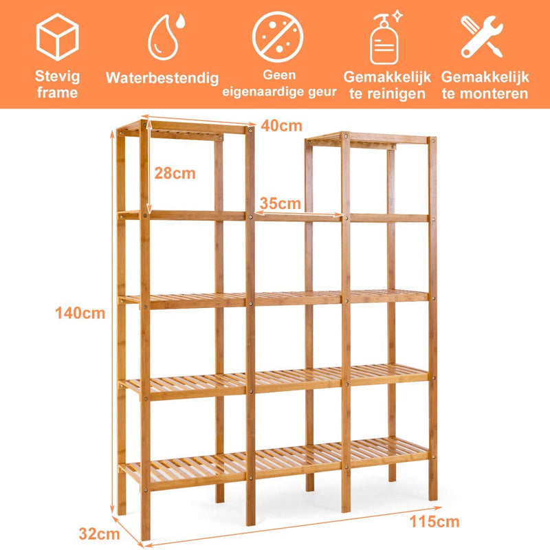 Badkamerplank, bamboe utiliteit plank met 5 niveaus, keukenplank, plant display stand rek, multifunctionele staande plank voor woonkamer, badkamer en hal, 115 x 32 x 140 cm