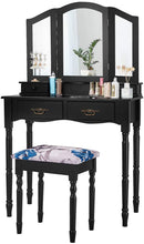 Kaptafel set, dressing table met opvouwbare spiegel, drie-vouwen spiegel make-up tafel set met beklede kruk, grote vanity set met afneembare spiegel (Zwart)
