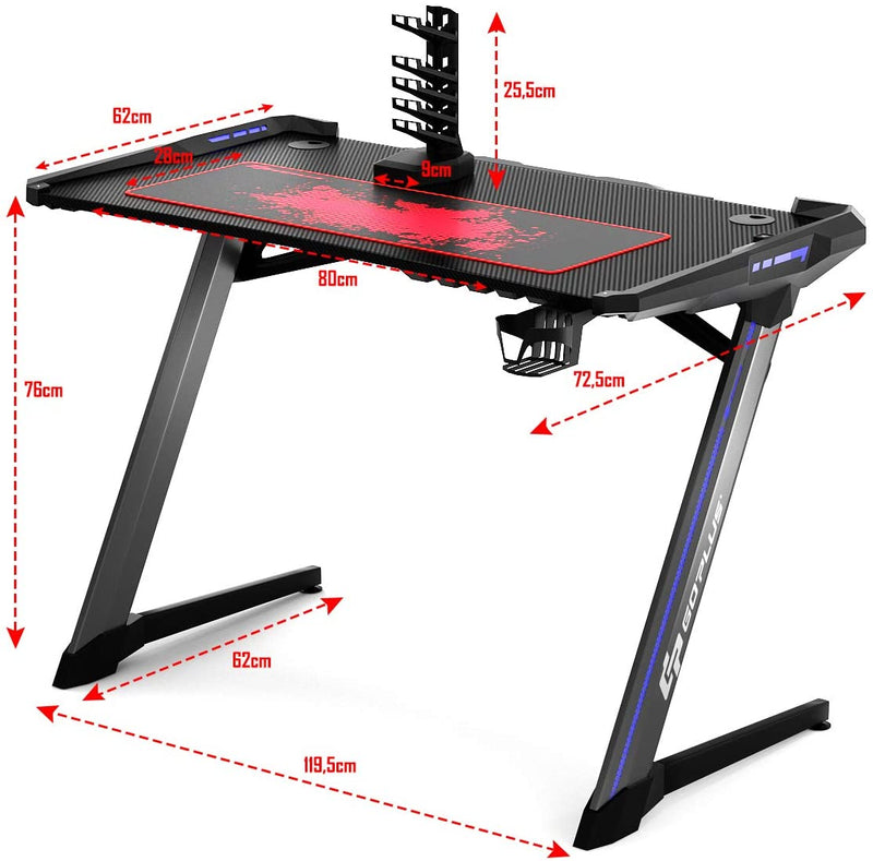Gaming Bureau, Gamingtafel, Ergonomische race Computer bureau met RGB-lampen, 120cm  Z-vorm ,zwart