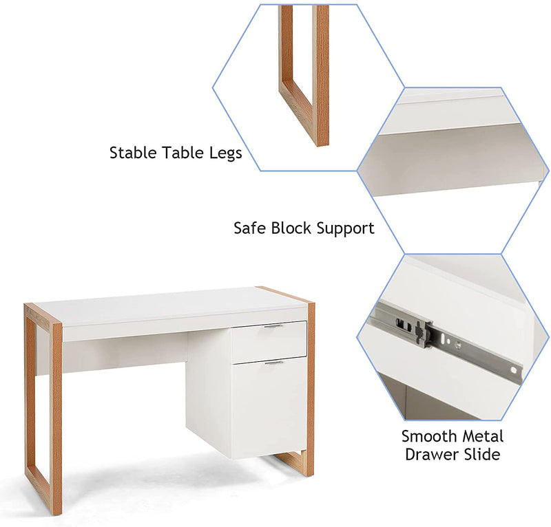 Modern computer bureau, computertafel computerbureau werkstation met opbergkast, lade, stevige structuur, schrijftafel, ideaal voor thuiskantoor, 112,5 x 50 x 75 cm (Wit)