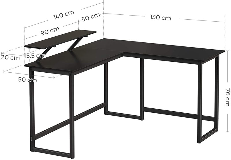 Bureau, L-vormig computerbureau met beweegbare monitorbevestiging, hoekbureau,  metaal, zwart LWD56BK