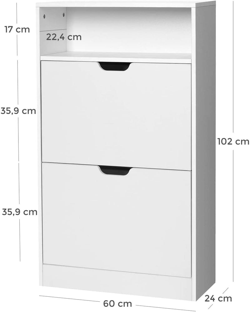 Schoenenkast met 2 kleppen, schoenenrek met extra vak, schoenenorganizer, melaminecoating, 60 x 24 x 102 cm, wit