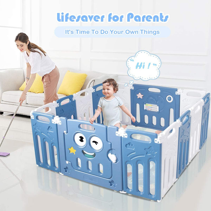 Baby grondbox, 14 paneel opvouwbaar babybox speelbox  voor kinderen 3 maanden + (Blauw, 14 paneel)