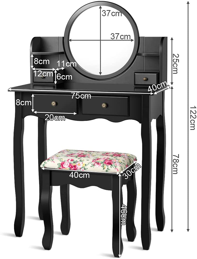 Kaptafel, kaptafel set met krukje, make-up tafel met 360° draaibare en afneembare spiegel, kaptafel met 4 lades en 2 planken (Zwart)