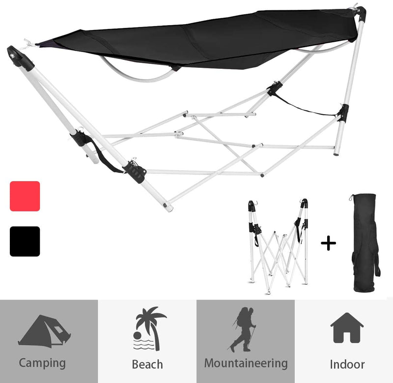 Draagbare opvouwbare hangmat, buiten afneembare opvouwbare hangmat met vrijstaande frame inclusief draagtas voor eenvoudig reizen, perfect voor achtertuin zwembad strand wandelen kamperen (Zwart)
