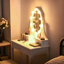 Kaptafel met 10 plastic roze-vormige LED-lampjes, 360° roterende ovale make-up spiegel, 3 lades kaptafel met gedempte kruk,  (Wit)