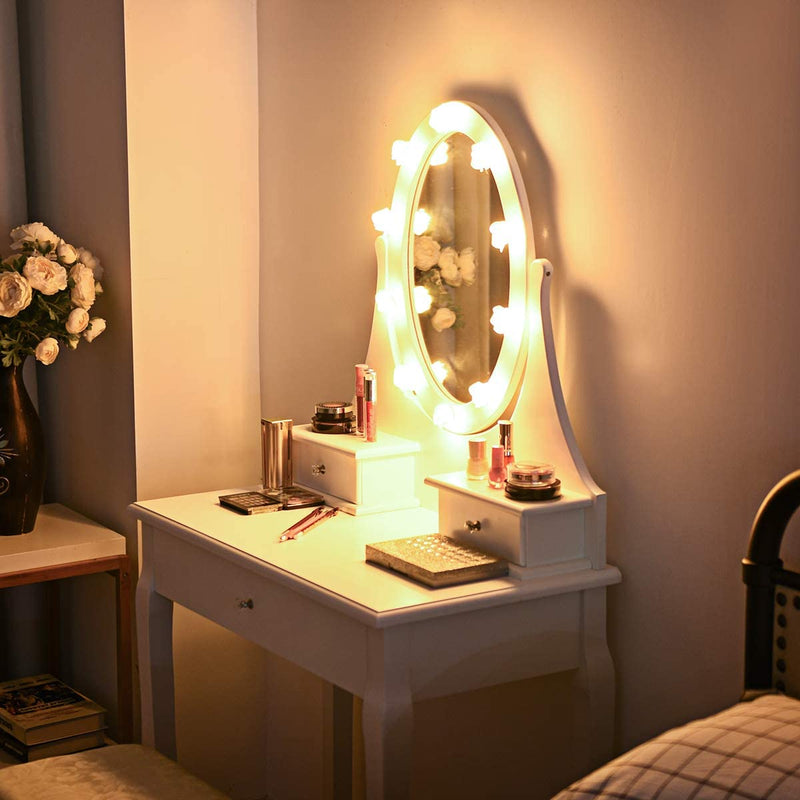 Kaptafel met 10 plastic roze-vormige LED-lampjes, 360° roterende ovale make-up spiegel, 3 lades kaptafel met gedempte kruk,  (Wit)