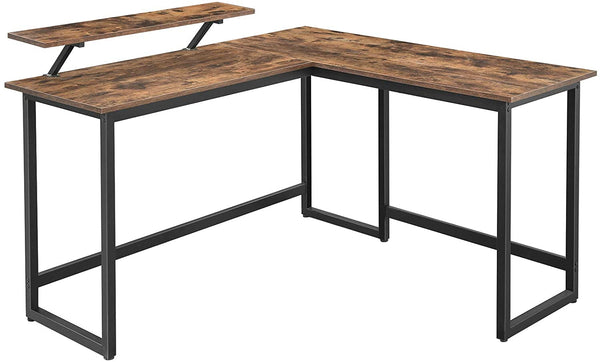 Bureau, L-vormig computerbureau met beweegbare monitorbevestiging, hoekbureau,  bruin-zwart LWD56X
