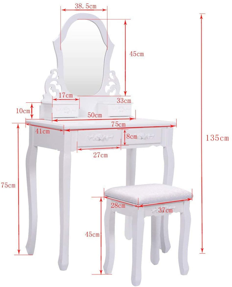 Kaptafel set met spiegel voor make-up Moderne kussens Bank Kruk Slaapkamer Hout Stijl Meubels Top Afneembare multifunctionele schrijftafel Kaptafels voor meisjes (wit, 4 laden)
