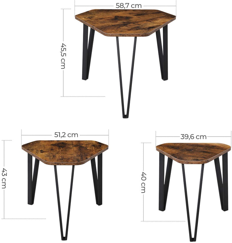 bijzettafelset, 3 st. nachtkastjes, salontafels, met metalen poten,  bruin-zwart LNT14BX