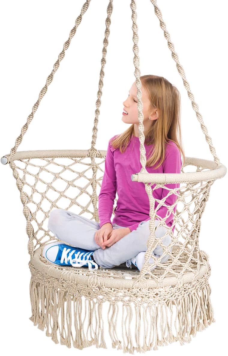 Hangstoel macrame schommelstoel, hangende katoenen touw stoel met kwastjes, maximaal 160kg  (kussens niet inbegrepen) (Beige)
